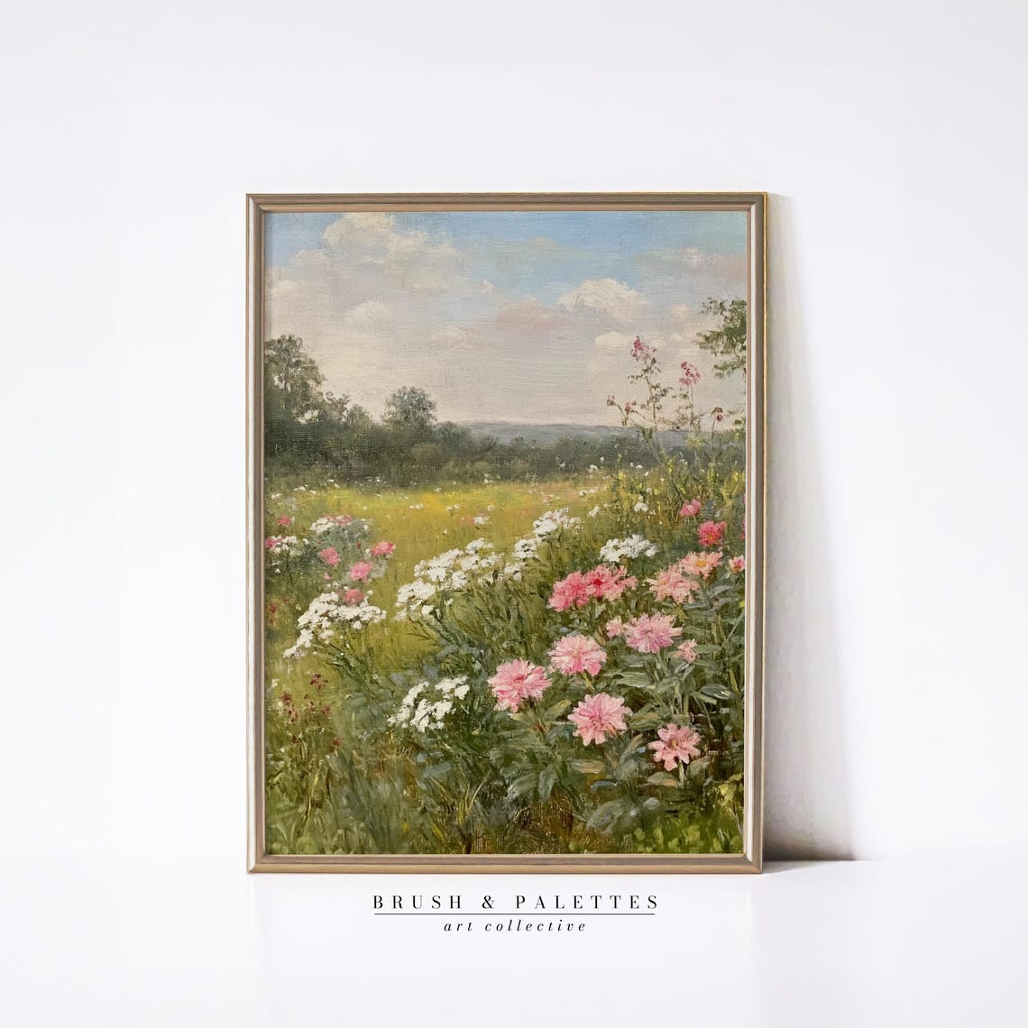 Pink Dahlias In Summer Meadow Print Floral Landscape Oil Painting Romantic Country Art For Farmhouse Cottage Homes