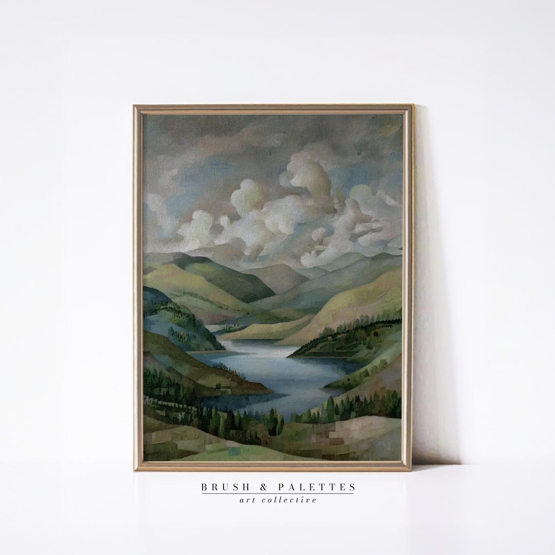 Stylized Geometric Mountain Lake Modern Abstract Landscape Poster