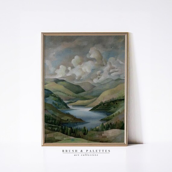 Stylized Mountain Lake Print Geometric Landscape Wall Decor Nature Art For Modern Lodge Or Country Homes