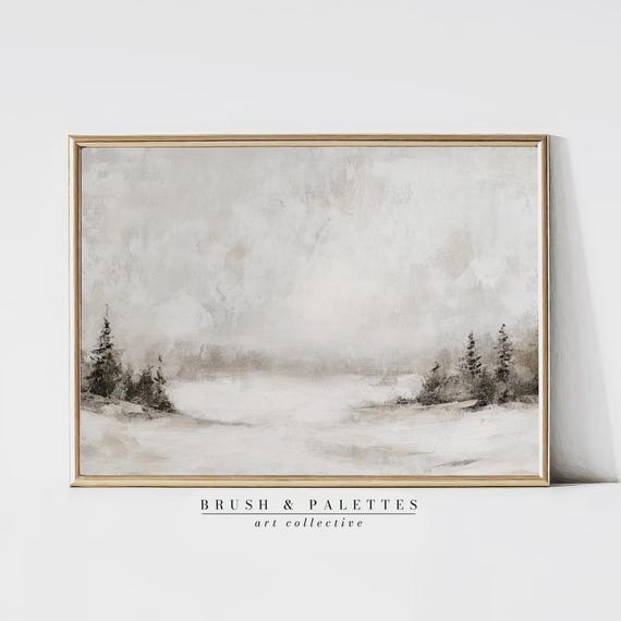 Snowy Pines Landscape Print Neutral Winter Wall Art Minimalist Forest Painting For Cozy Lodge Rustic Cabin Seasonal Decor