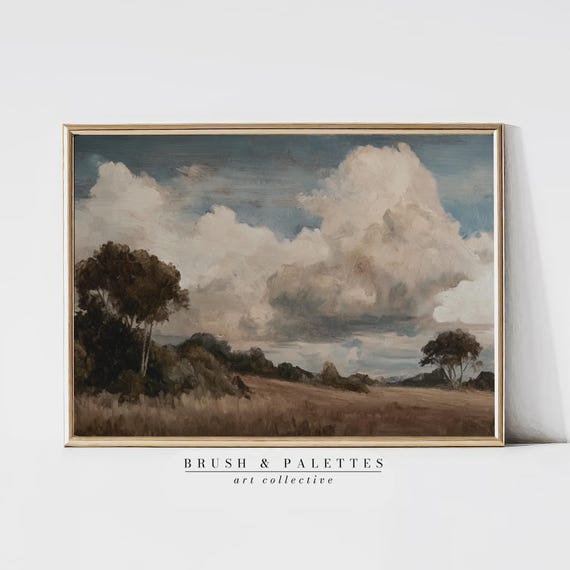 Golden Field With Clouds Print Sky Landscape Wall Art Moody Nature Painting For Rustic Or Farmhouse Homes