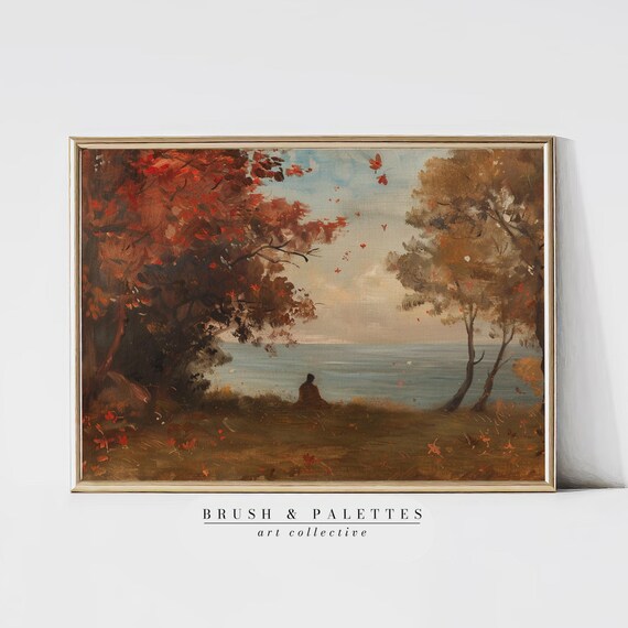 Autumn Forest Lake With Figure In Red Foliage Scenic Painting Poster
