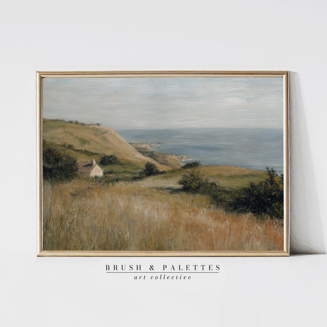 English Coastal Hillside Painting, Seaside Cottage Art