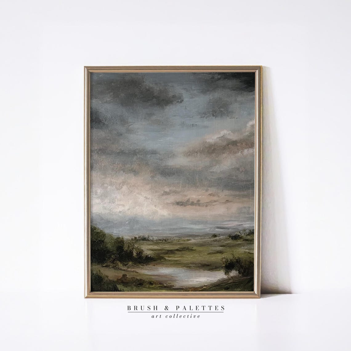 Stormy Cloud Sky Over Green Marsh Valley Oil Landscape Print