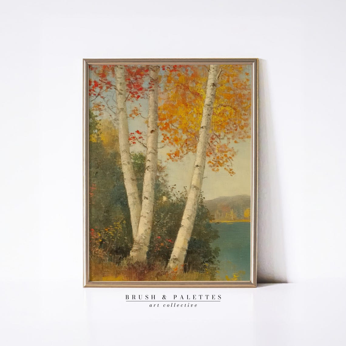 White Autumn Birch Trees Lakeside Fall Foliage Vintage Poster