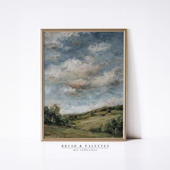 Rolling Hills Under Dramatic Sky Print Landscape Oil Painting Wall Decor Country Nature Art For Rustic Farmhouse Homes