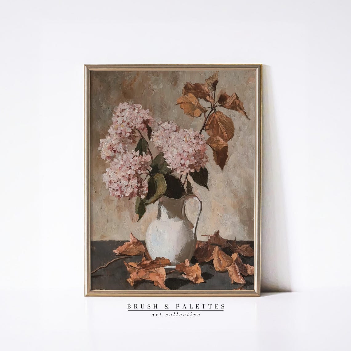 Pink Hydrangeas In White Pitcher Autumn Leaves Still Life Poster