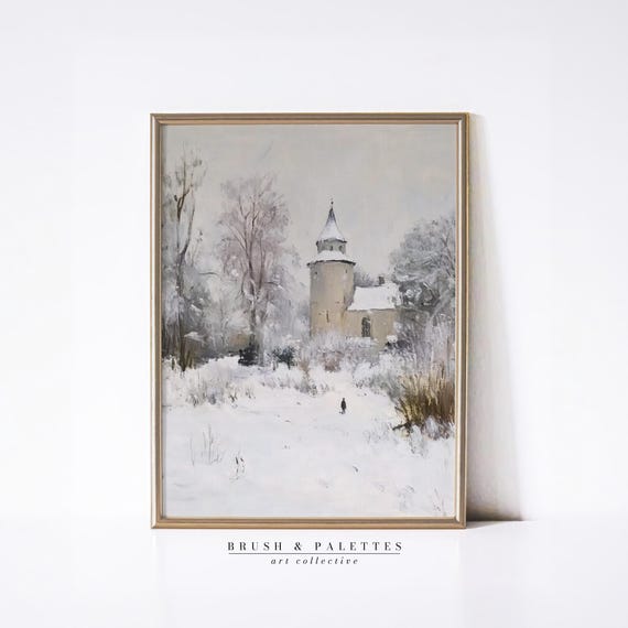 Winter Castle Landscape Print Snowy Village Tower Art Serene Seasonal Painting For Rustic Lodge Holiday And Classic Decor