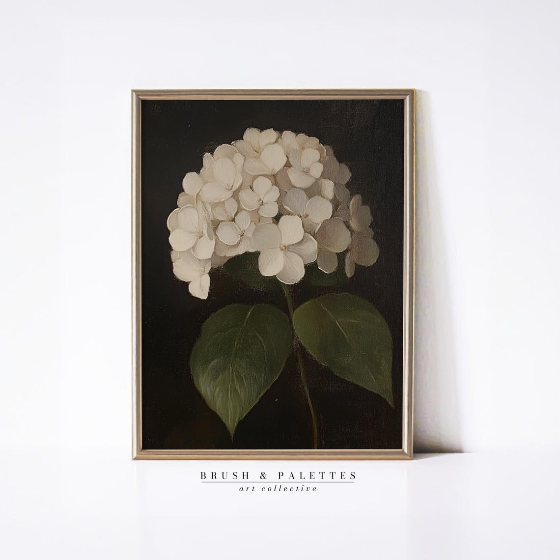 White Hydrangea Bloom On Dark Moody Botanical Flower Art Poster