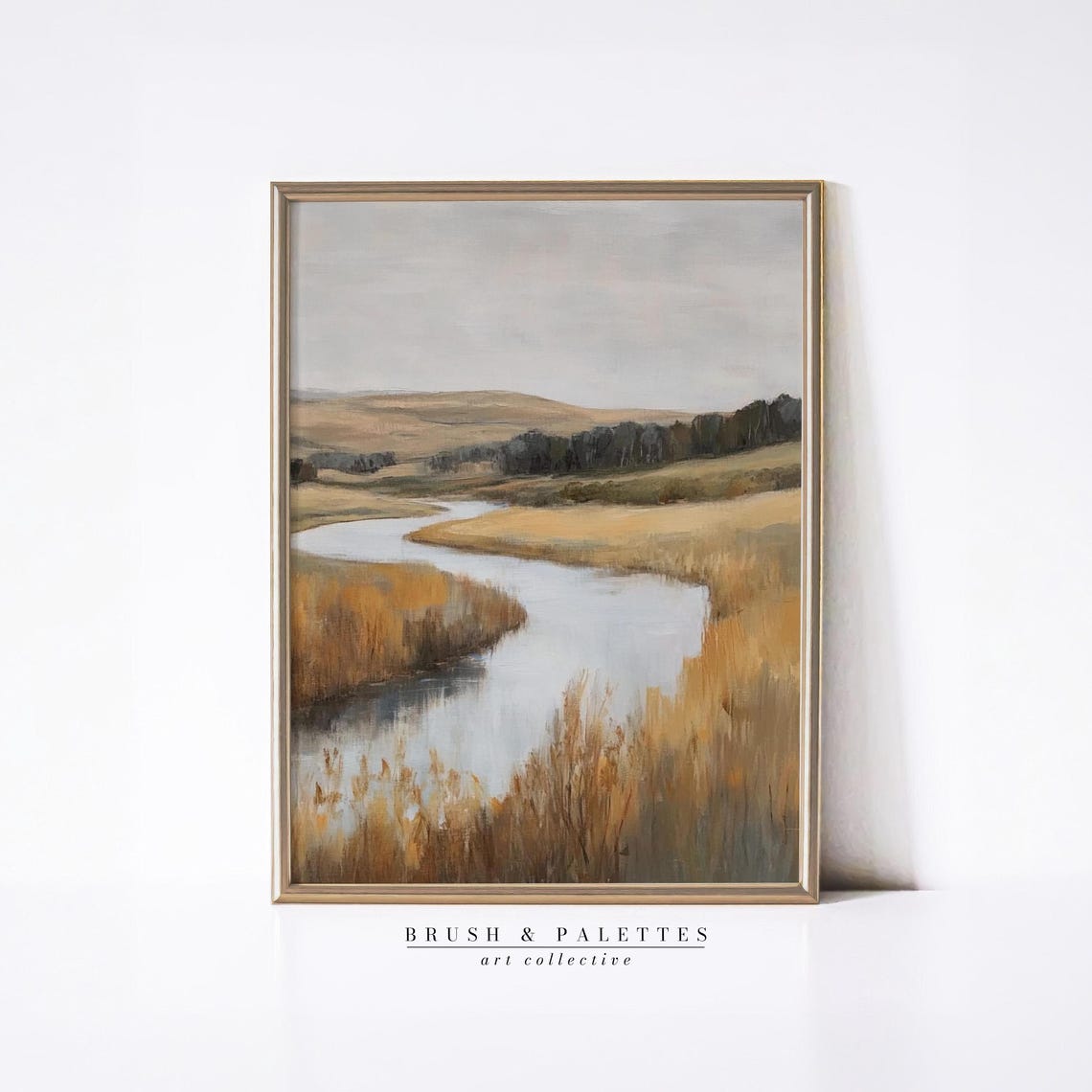 Winding River Through Golden Autumn Marsh Quiet Landscape Print