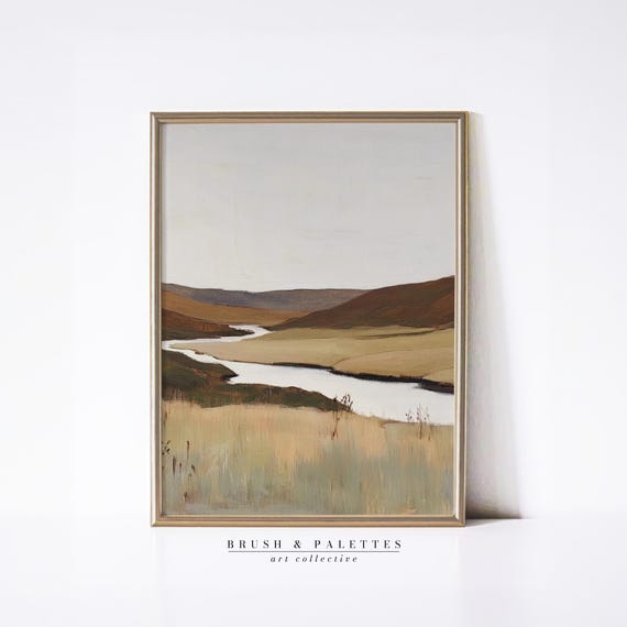 Winding River Valley Print Minimalist Landscape Wall Decor Neutral Nature Art For Rustic Japandi Or Lodge Homes