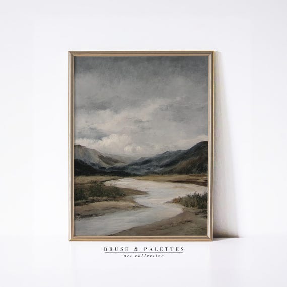 Misty River Valley Print Moody Landscape Wall Decor Neutral Nature Art For Rustic Lodge Or Minimalist Homes