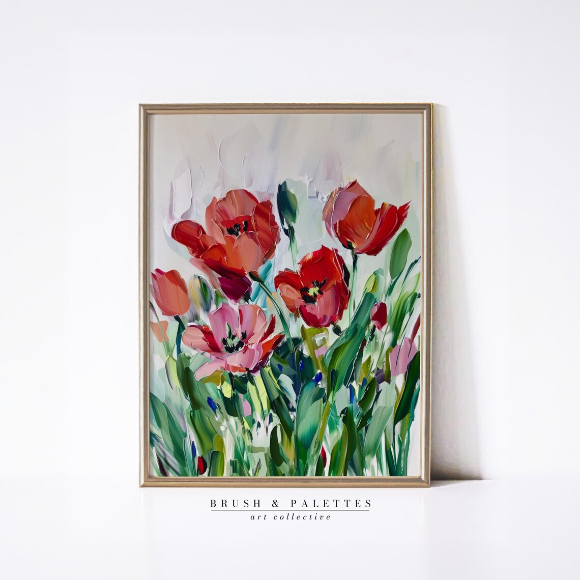 Red Tulips Impasto Floral Painting Vibrant Coral Bloom Poster