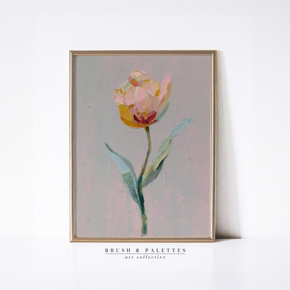 Yellow Pink Tulip Print, Minimalist Floral Decor