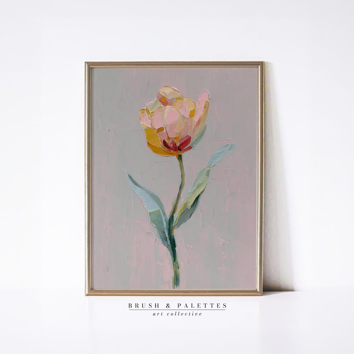 Yellow Pink Tulip Print, Minimalist Floral Decor