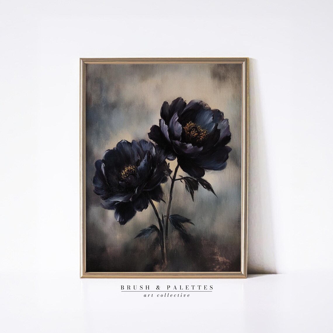 Moody Black Peony Oil Painting Dark Floral Still Life Gothic Wall Art