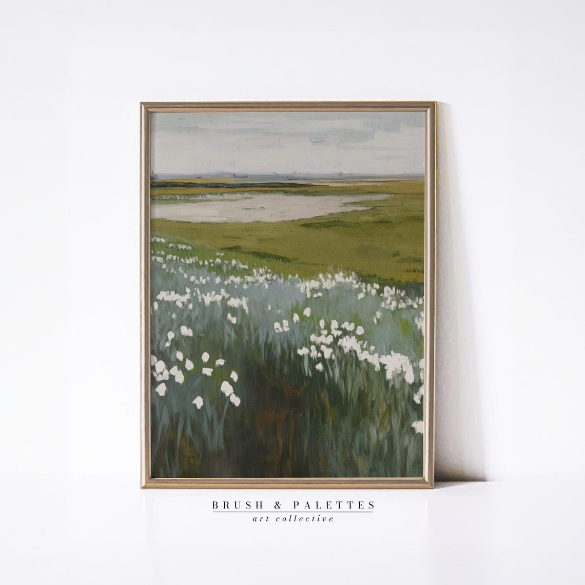 White Wildflowers Meadow Green Countryside Landscape Painting Poster