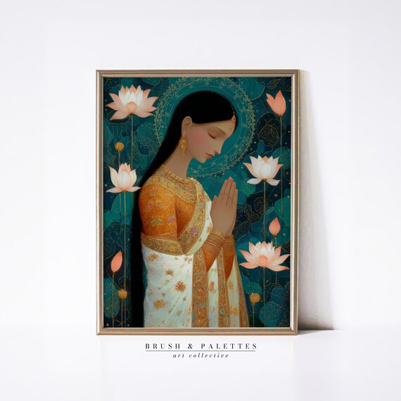 Namaste Woman In Sari Among Lotus Flowers Teal And Gold Spiritual Print