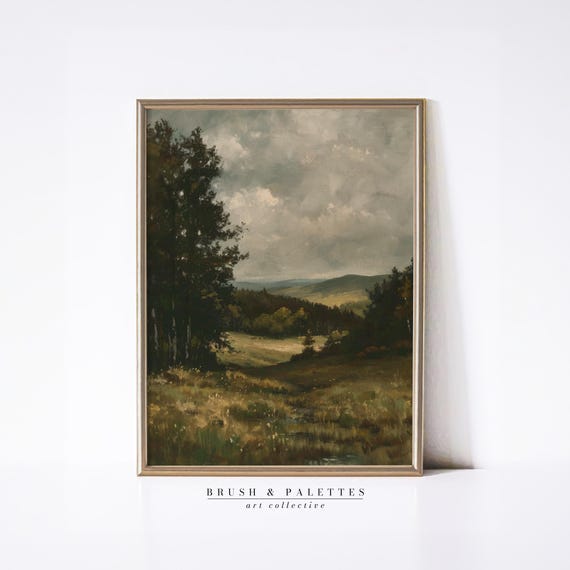 Golden Valley Meadow Print Rustic Landscape Wall Art Vintage Countryside Painting For Farmhouse Lodge Decor