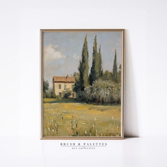Tuscan Countryside Landscape Rustic House Cypress Tree Painting Vintage Nature Wall Art For Farmhouse Or Lodge Decor