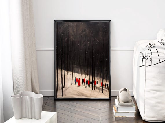 Winter Minimalist Wall Art Night Landscape With People Atmospheric Nordic Home Decor Moody Silhouette Poster For