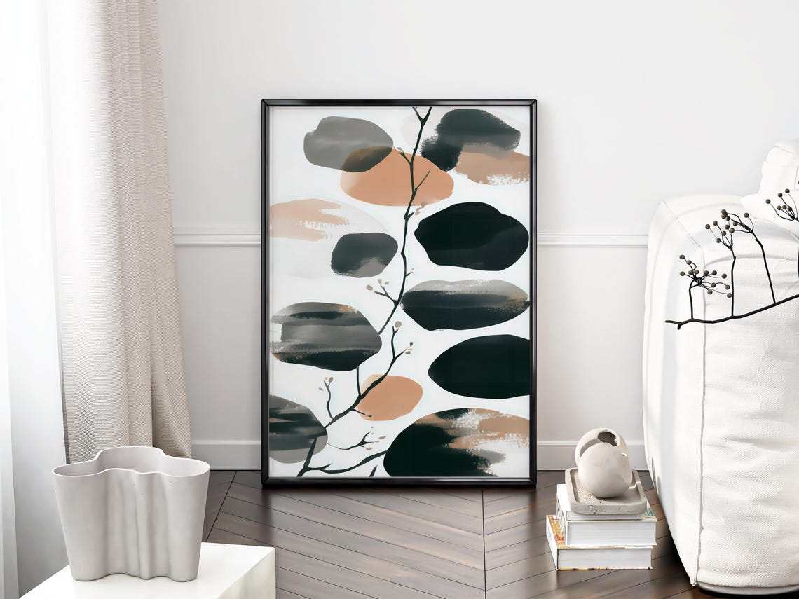 Abstract Botanical Branch Black Blush Leaves Japandi Art Poster