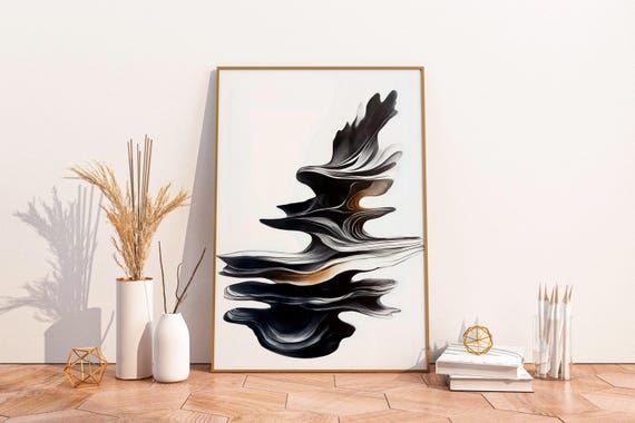 Flowing Black Ink Wash Warm Gold Abstract Zen Japandi Art Poster