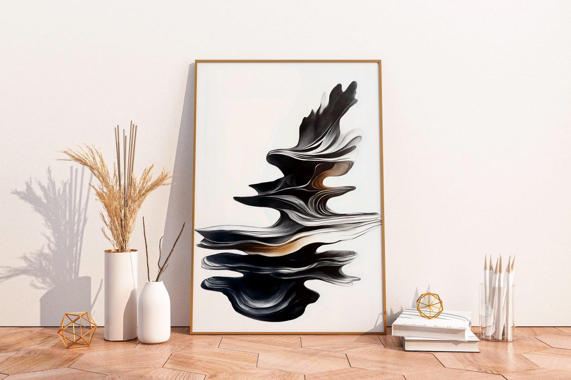 Flowing Black Ink Wash Warm Gold Abstract Zen Japandi Art Poster