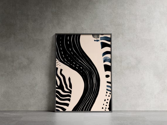 Bold Black Curved Brushstrokes on Beige Modern Japandi Art Poster