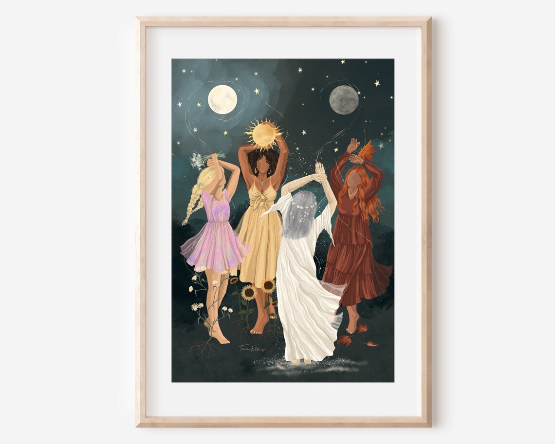 Seasons Nature Artwork Print, Boho Women Circle