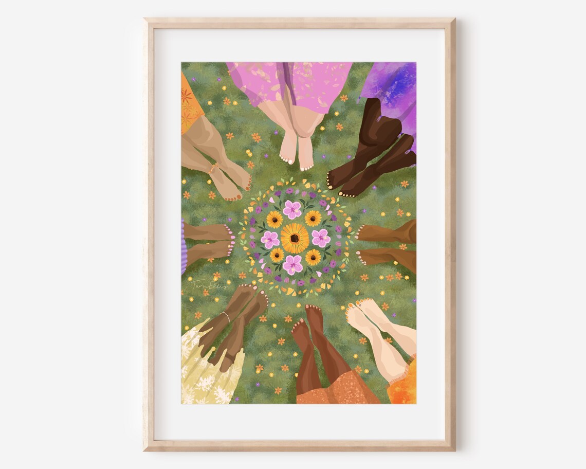 Diverse Womens Feet Circle Floral Mandala Friendship Grass Poster