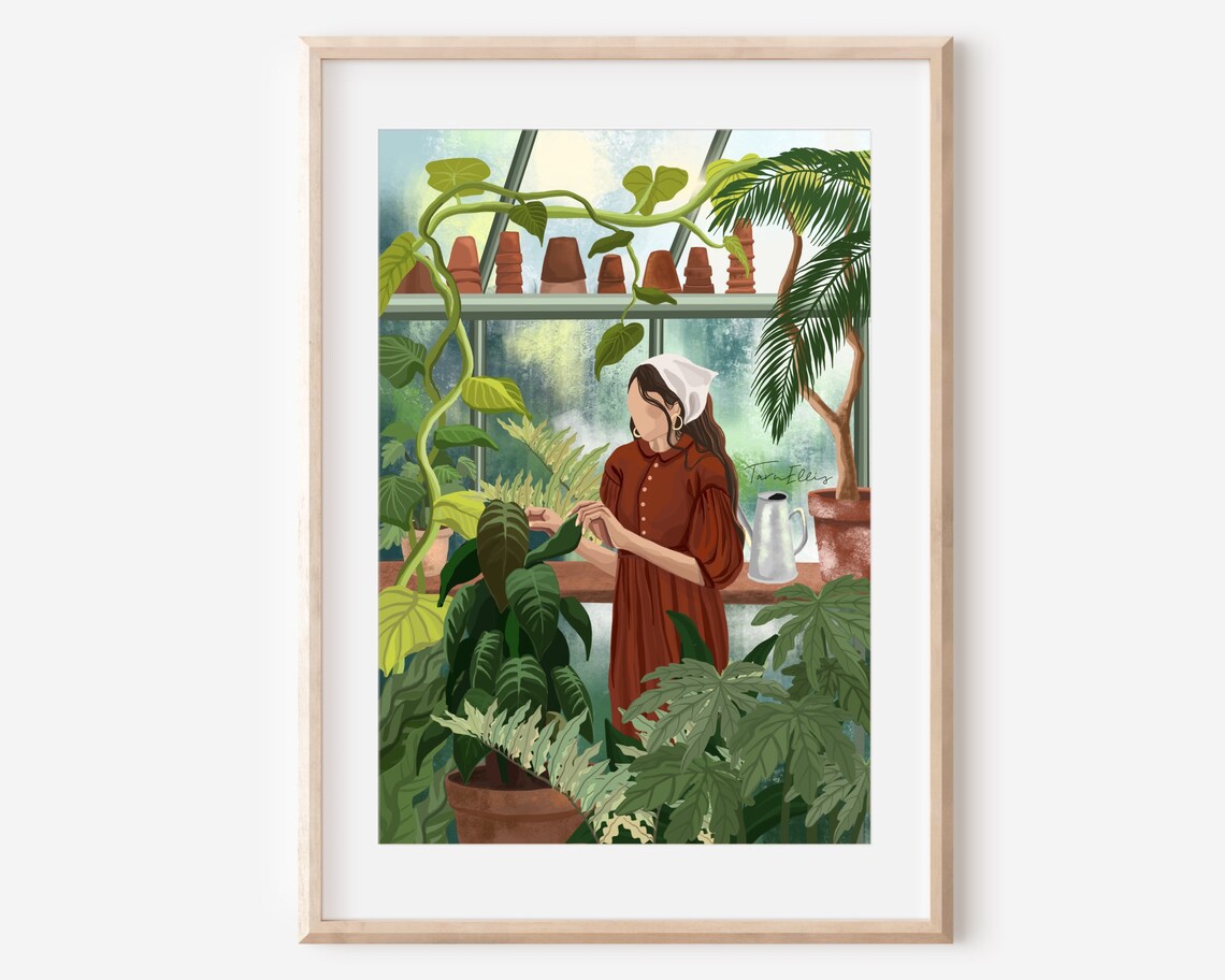 Greenhouse Plant Lady Illustration Boho Art Print