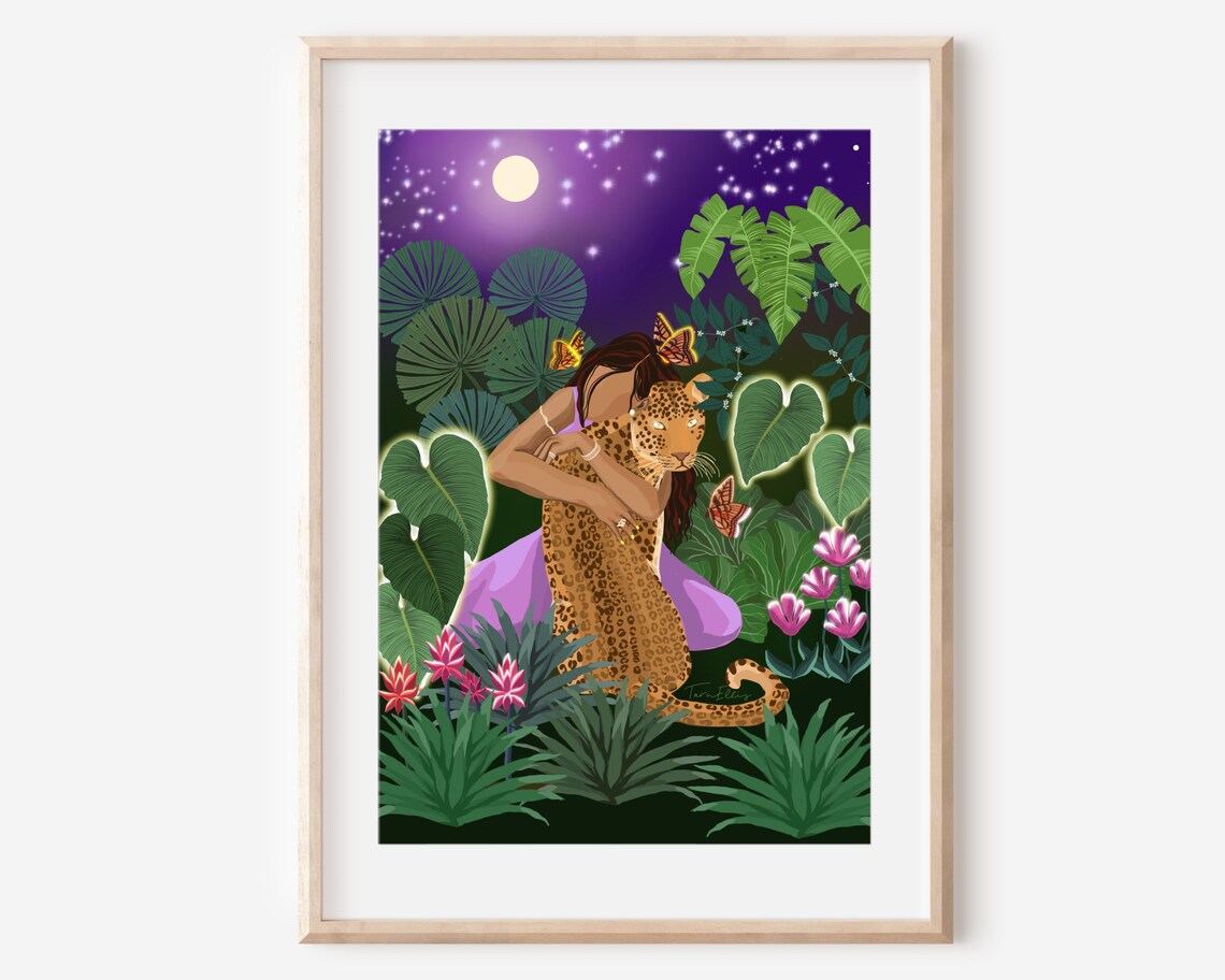 Woman Hugging Leopard Moonlit Jungle Butterflies Spiritual Poster