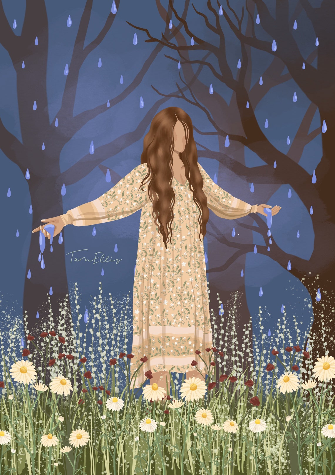 Rain And Renewal Woman In Wildflower Meadow Moonlit Night Poster - Image 3