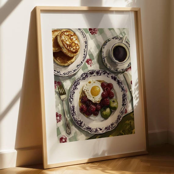 Vintage Breakfast Still Life Cozy Kitchen Wall Art Food Drink Illustration