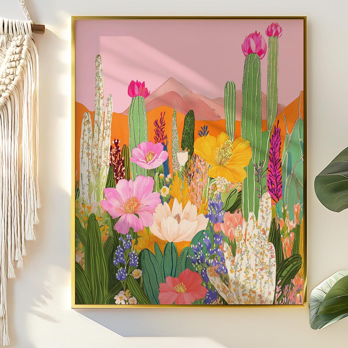 Desert Bloom Cactus Flowers Pink Sky Botanical Illustration Poster