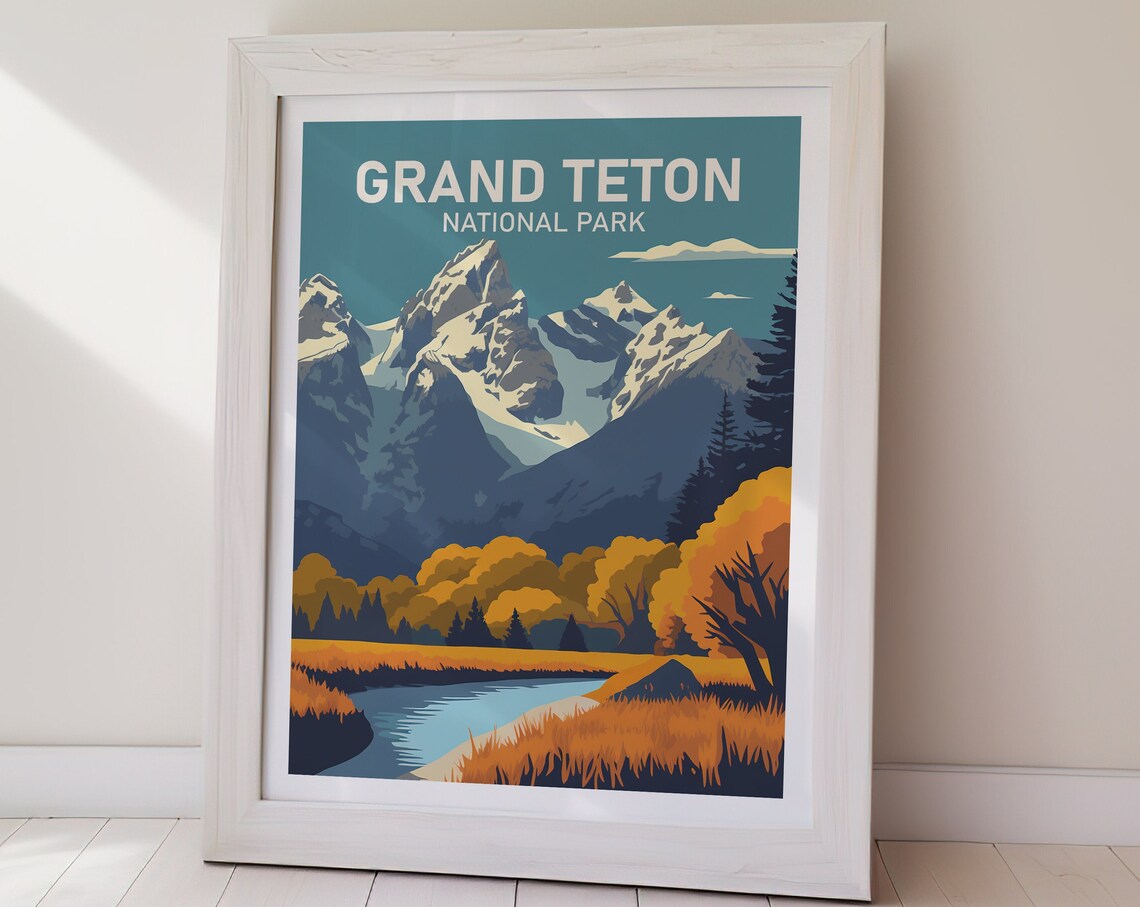 Grand Teton National Park Snowy Peaks Retro Travel Poster River Art - Image 2