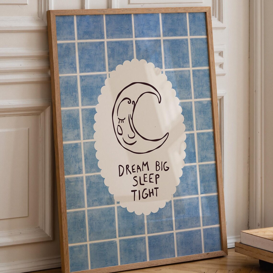 Dream Big Sleep Tight Moon Nursery Retro Blue Tile Art Poster