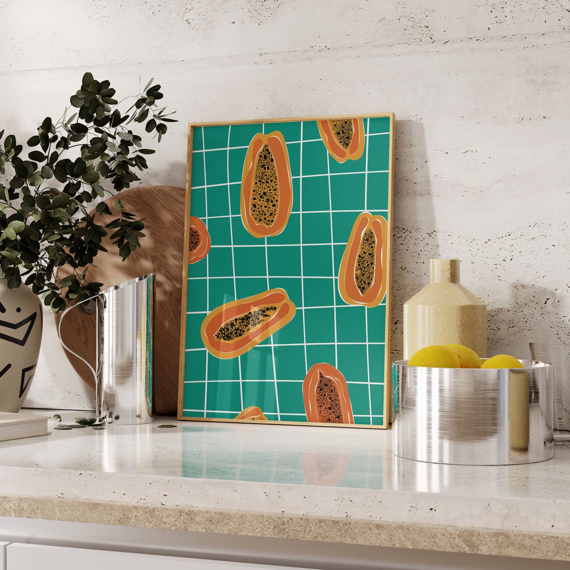 Tropical Papaya Pattern Retro Kitchen Fruit Illustration Poster - Image 2