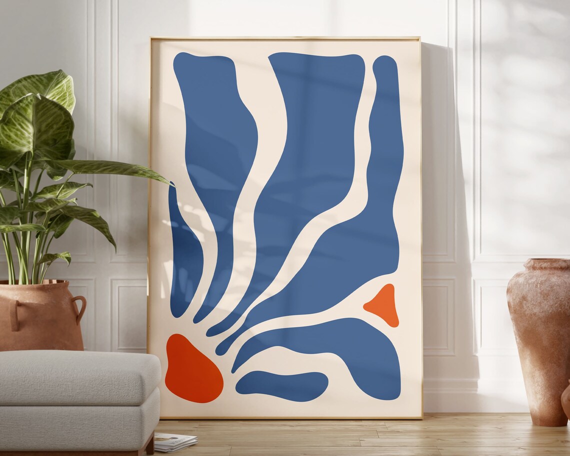 Matisse-Inspired Blue Wavy Leaves Boho Poster - Image 2