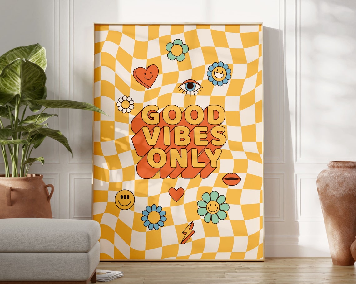 Good Vibes Only Yellow Checkered Retro Smiley Positive Quote Poster - Image 2
