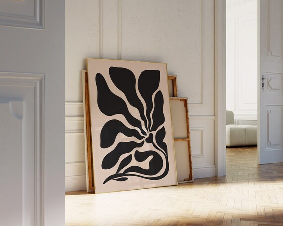 Black Flowing Palm Leaf Silhouette on Beige Abstract Botanical Poster