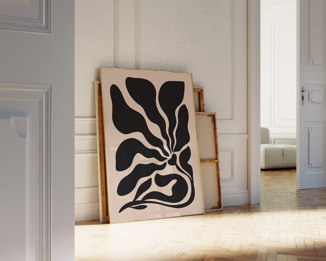 Black Flowing Palm Leaf Silhouette on Beige Abstract Botanical Poster