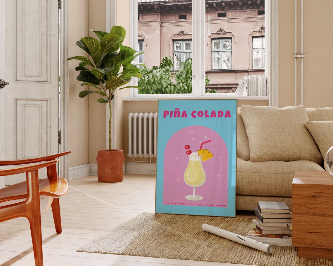 Pina Colada Cocktail Recipe Retro Blue Pink Tropical Bar Poster - Image 2