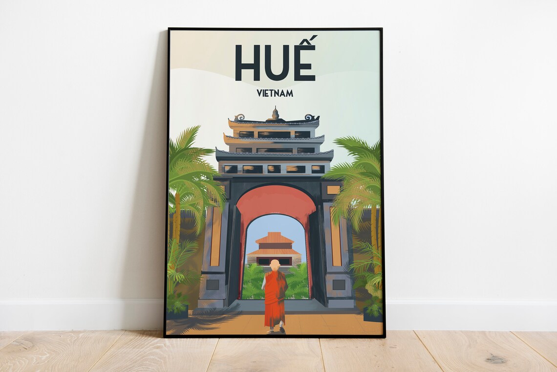 Hue Vietnam Imperial Gate Monk Tropical Illustration Travel Poster