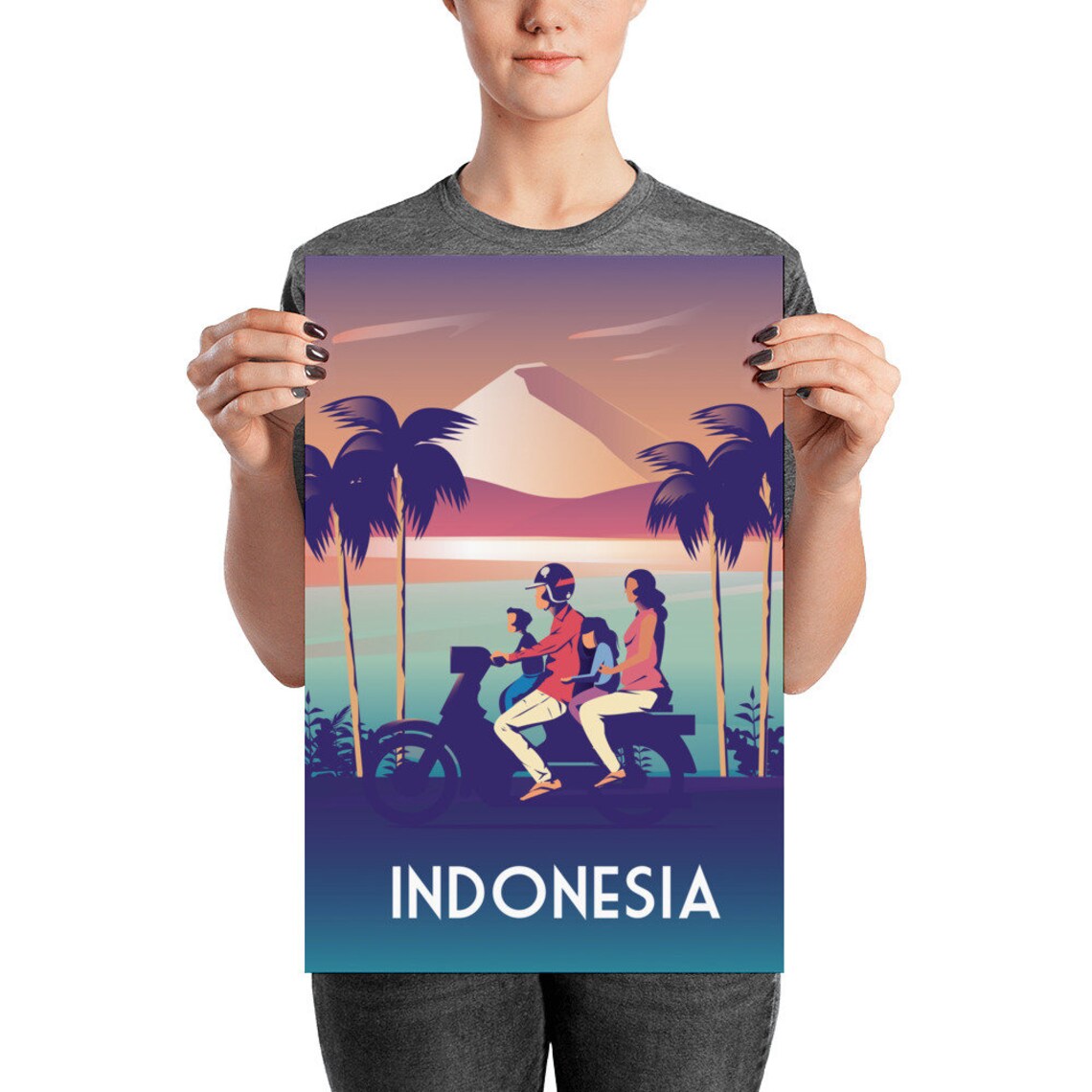 Indonesia Family Scooter Sunset Palm Trees Tropical Travel Poster - Image 2