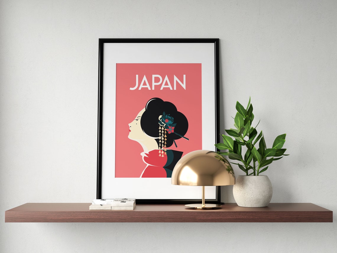 Japan Geisha Portrait Elegant Red Profile Vintage Travel Poster - Image 3