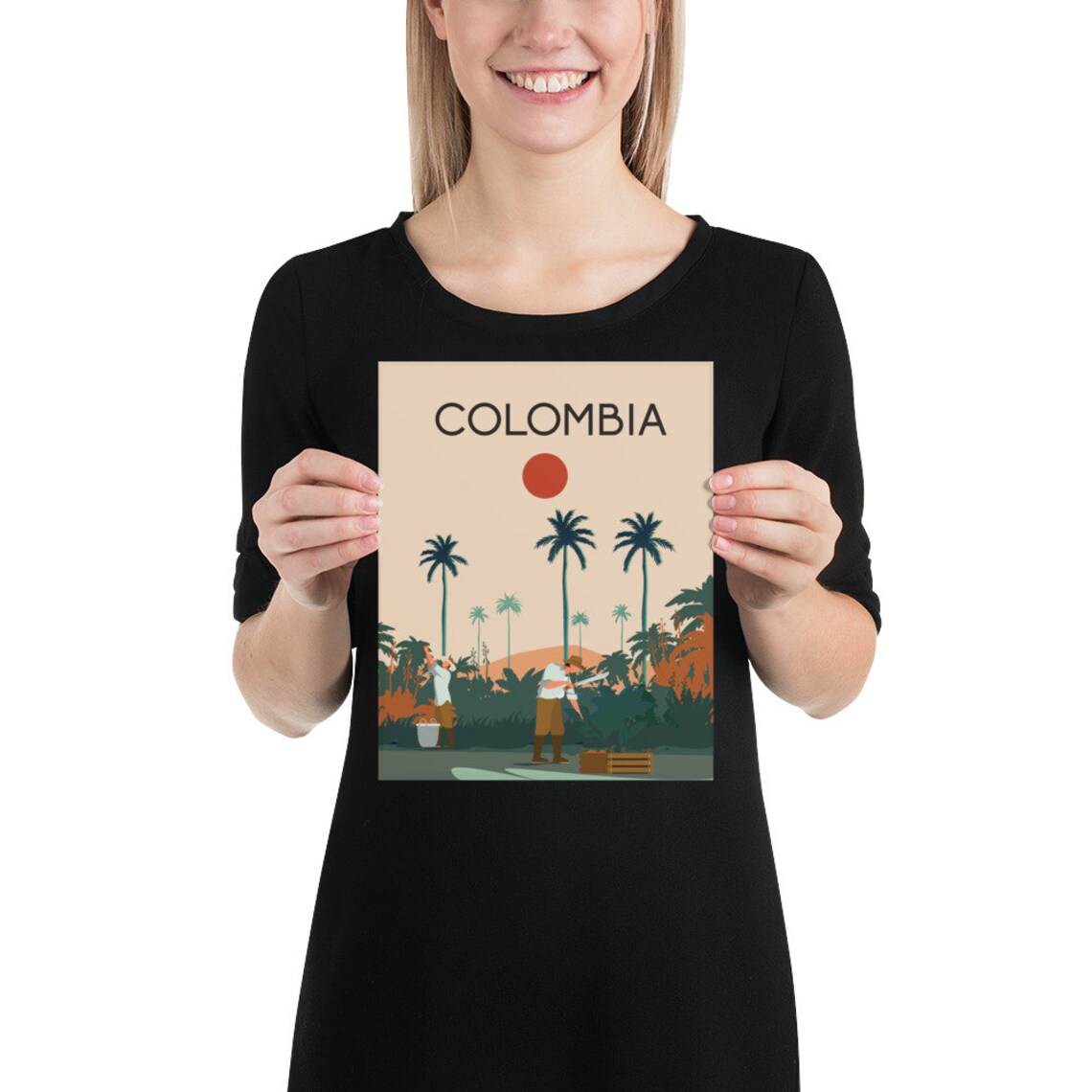Colombia Travel Poster Coffee Harvest Farmers Palm Sunset Scene - Image 2