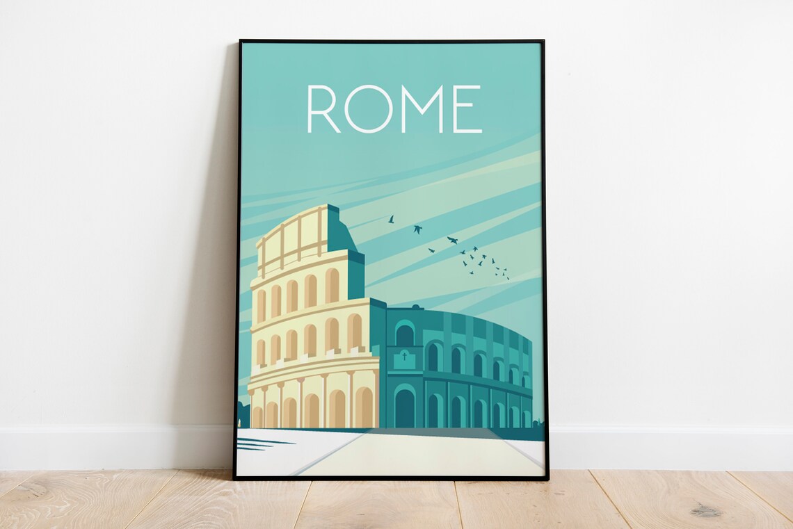 Rome Italy Travel Poster Colosseum Landmark Vintage Style Scene