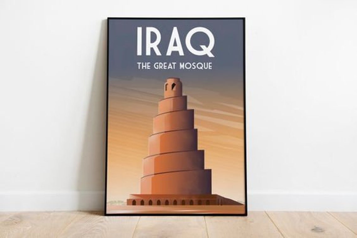 Iraq The Great Mosque Travel Poster Spiral Minaret Sunset Scene - Image 2